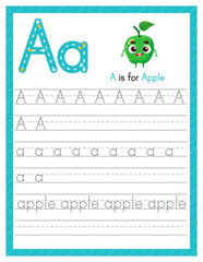 Trace letter A uppercase and lowercase. Alphabet tracing practice preschool worksheet for kids learning English with cartoon apple. Activity page for Pre K, kindergarten. Vector illustration