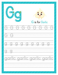 Trace letter G uppercase and lowercase. Alphabet tracing practice preschool worksheet for kids learning English with cartoon garlic. Activity page for Pre K, kindergarten. Vector illustration