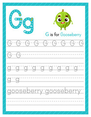 Trace letter G uppercase and lowercase. Alphabet tracing practice preschool worksheet for kids learning English with cartoon gooseberry. Activity page for Pre K, kindergarten. Vector illustration