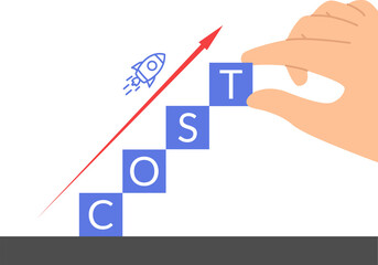 Hand placing a wooden cube with the word cost and white up arrow. Cost reduction concept