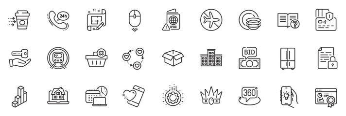 Icons pack as Electric app, Realtor and Work time line icons for app include 360 degree, Friends community, Metro subway outline thin icon web set. Architect plan, Card, Refrigerator pictogram. Vector