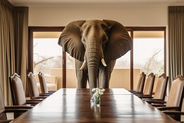 Redewendung: Der Elefant im Raum. Ein großer Elefant steht im Büro beim Vorstand zum Business Meeting am Tisch.   - obrazy, fototapety, plakaty