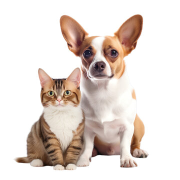 Front view close up of Corgi and Sphynx Cat isolated on a white transparent background