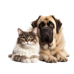 Front view close up of Mastiff and Ragdoll Cat isolated on a white transparent background