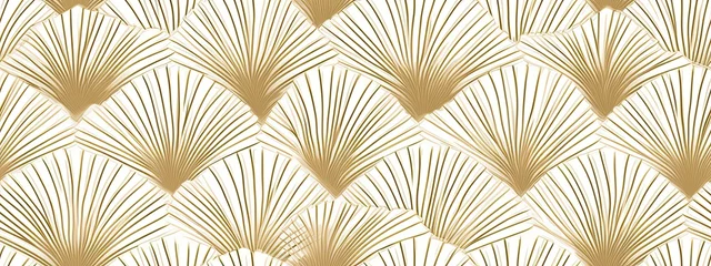 Fototapeten Seamless golden art deco diamond palm fan, shell line pattern. Vintage 1920 geometric gold plated relief sculpture on background. Modern elegant metallic luxury backdrop © Eli Berr