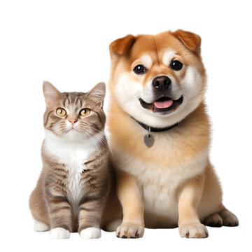 Front view close up of Shiba Inu and Scottish Fold Cat  isolated on a white transparent background