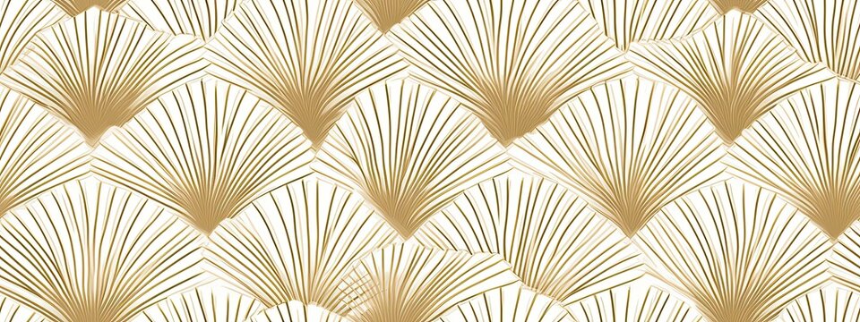 Seamless golden art deco diamond palm fan, shell line pattern. Vintage 1920 geometric gold plated relief sculpture on background. Modern elegant metallic luxury backdrop