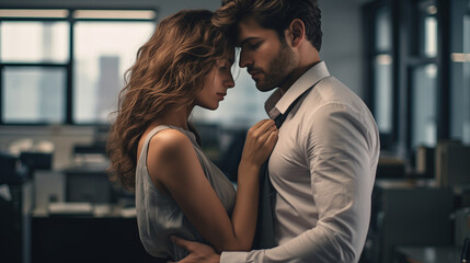 A pair of office workers embracing in an empty office, the concept of a workplace romance - obrazy, fototapety, plakaty