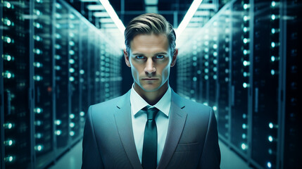 Fototapeta premium A focused businessman in a modern data center