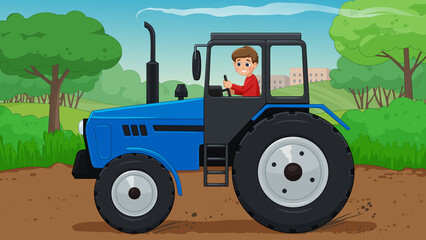 A boy rides a blue tractor on a dirt road