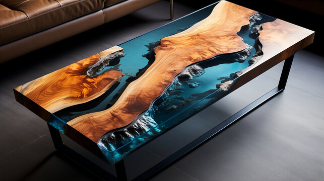 A stunning designer table made of solid wood and colorful epoxy resin. The table is a beautiful and stylish addition to any home or office