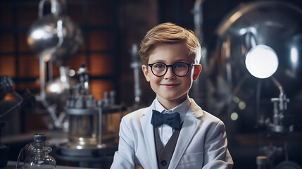 young 8 y.o. boy inventor scientist in modern laboratory