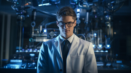 Fototapeta premium 20 y.o. guy inventor scientist in modern laboratory