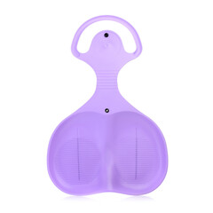 Children's plastic purple sled isolated on a white background. Sleds for skiing downhill in winter. Children's toys. Slide board