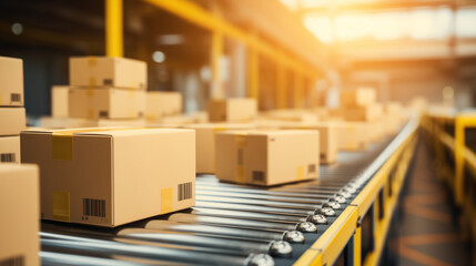 multiple cardboard box packages moving along a conveyor belt in a bustling warehouse fulfillment center, showcasing the essence of delivery, automation, and a wide range of products