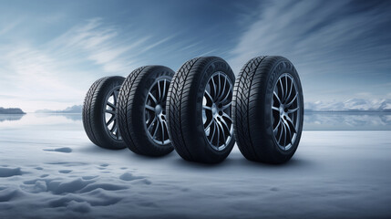 new four winter tires close up in amazing winter snow and ice epic landscape