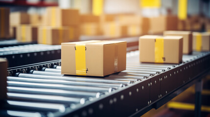 multiple cardboard box packages moving along a conveyor belt in a bustling warehouse fulfillment center, showcasing the essence of delivery, automation, and a wide range of products - obrazy, fototapety, plakaty