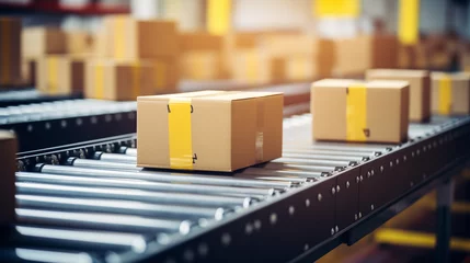 Fotobehang multiple cardboard box packages moving along a conveyor belt in a bustling warehouse fulfillment center, showcasing the essence of delivery, automation, and a wide range of products © sandsun
