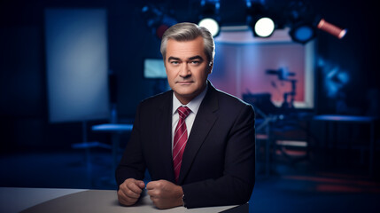 portrait of TV announcer man in a modern tv studio news - obrazy, fototapety, plakaty