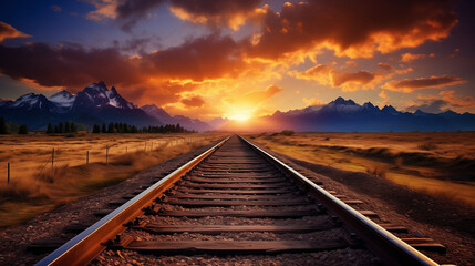 railway in amazing landscape with dramatic sky at sunset