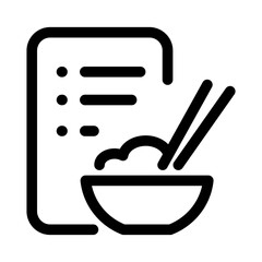 A bowl of noodles complete with chopsticks and a list of food menus. Food icon