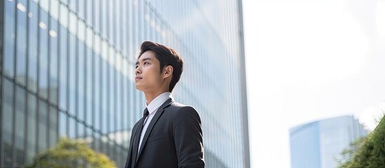 Asian man near office building - obrazy, fototapety, plakaty