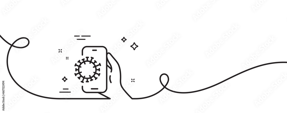 Poster covid phone app line icon. continuous one line with curl. coronavirus application sign. dirty smartp