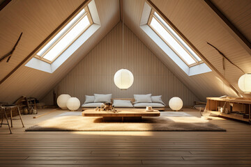Attic floor inspired by Japanese Zen aesthetics. Tatami mats, shoji sliding screens - obrazy, fototapety, plakaty