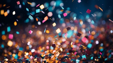 A close-up of colorful confetti falling in front of a sparkling New Year's Eve backdrop. - obrazy, fototapety, plakaty