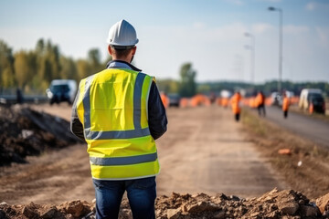 An engineering inspected the structure road construction work at road construction. Supervise new road construction. Civil Engineer at expressway under construction.