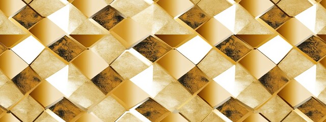 Seamless gold foil geometric diamonds mosaic motif background texture. Modern wall or floor tiles abstract gilded age wallpaper. Golden Christmas wrapping paper repeat pattern.