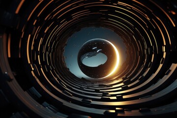 sci-fi circular abstract tunnel leading to a round planet with a hole in it. Blue night sky. darkness. futuristic design. 