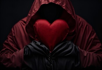 A masked person holds a red heart - obrazy, fototapety, plakaty