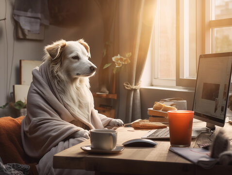 A dog working at home with a coffee, home office