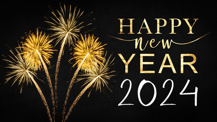 Fototapeta na wymiar HAPPY NEW YEAR 2024 - Festive silvester New Year's Eve Sylvester Party concept background greeting card with text - Golden yellow fireworks in the dark black night