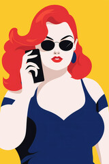Stylish chubby woman in sunglasses making a business call. Overweight red-haired lady in a blue dress talking on the phone.