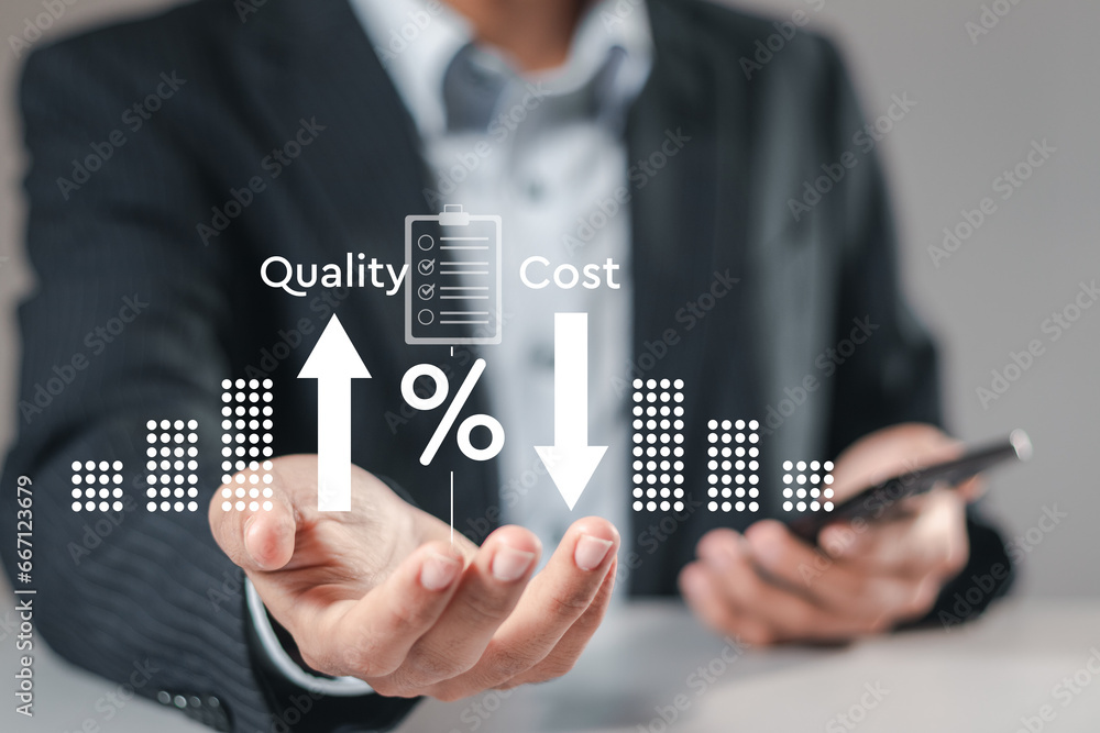 Poster businessman showing with quality control growth graph and cost reduction for cost and quality contro