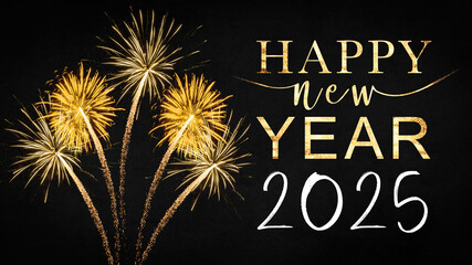 Fototapeta na wymiar HAPPY NEW YEAR 2025 - Festive silvester New Year's Eve Sylvester Party concept background greeting card with text - Golden yellow fireworks in the dark black night