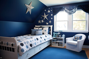 Children's room with rich dark blue walls. Blue furniture, patterned bedding and silver stars