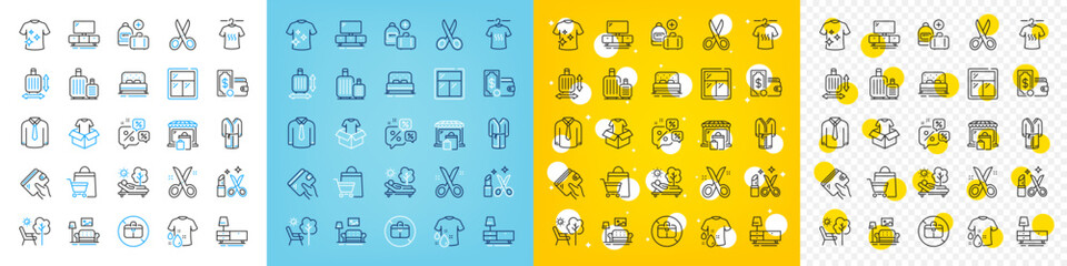 Vector icons set of Cut, Dry t-shirt and Beauty line icons pack for web with Market, Baggage, Clean t-shirt outline icon. Shirt, Dresser, Clothing pictogram. Sale bags, Discounts chat, Wallet. Vector