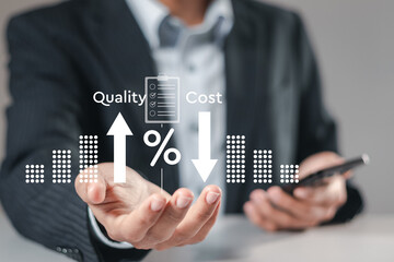Businessman showing with quality control growth graph and cost reduction for cost and quality control, cost optimization for products or services to improve customer satisfaction - obrazy, fototapety, plakaty