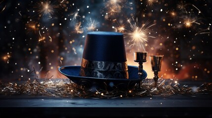 A creative shot of a New Year's hat surrounded by a halo of sparklers and glowing decorations.