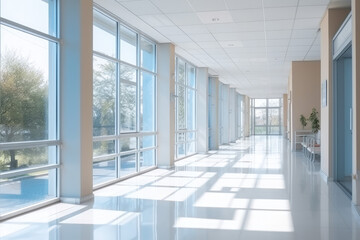 Light blurred background. The hall of an office or medical institution with panoramic windows and a perspective