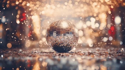 Fotobehang A crystal-clear New Year's ball surrounded by confetti, symbolizing the start of a new beginning. © Fahad