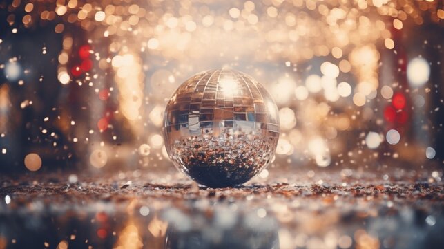 A crystal-clear New Year's ball surrounded by confetti, symbolizing the start of a new beginning.