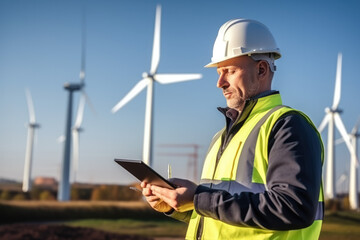 male power engineer stands at a wind power plant with beautiful natural scenery and rows of wind turbines behind him. He uses the computer's artificial intelligence technology to inspect and maintain 
