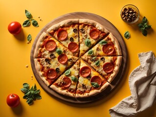 Italian pizza on yellow background