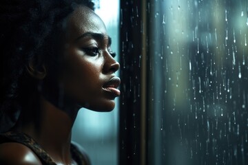 A pretty African american woman looking through a rainy glass window.  - obrazy, fototapety, plakaty