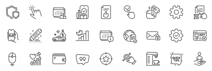 Icons pack as Checkbox, Coffee machine and Quick tips line icons for app include Secure mail, Execute, Brand contract outline thin icon web set. Cursor, Approved document. Vector