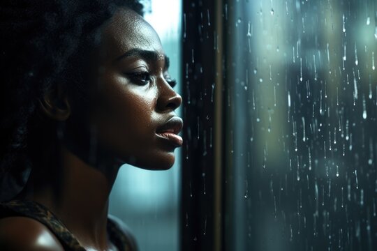 A pretty African american woman looking through a rainy glass window. 